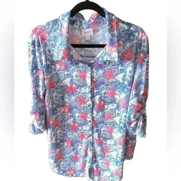Lularoe size large seashell Valentina‎ button down blouse , NWT. Coastal grandma - Picture 1 of 6